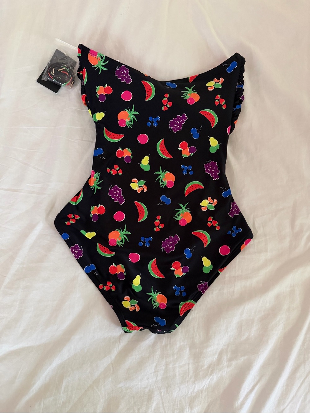 kate spade Black Bandeau size SMALL One-Piece Swimsuit with Bright Fruit Print - Picture 2 of 11